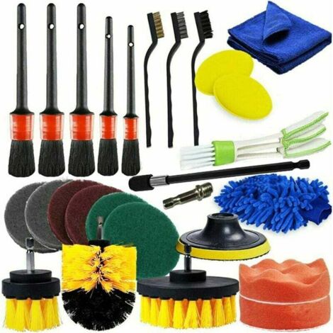 Ce kit de nettoyage pour perceuse, composé de 26 pièces, comprend des brosses, des disques abrasifs et des embouts. Il convient au nettoyage des intérieurs de voiture, des jantes, des surfaces de sall (1/5)