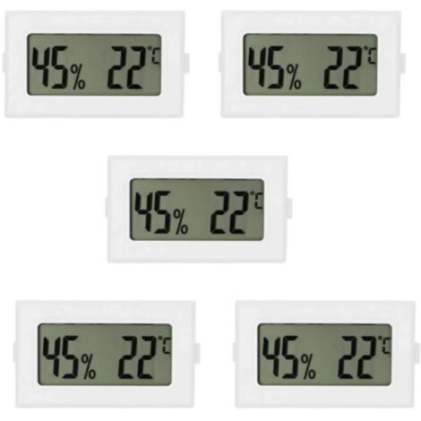 Lot de 5 mini thermomètres et hygromètres numériques électroniques avec affichage LCD en degrés Fahrenheit, idéaux pour serres, jardins, voitures, caves et bureaux, Blanc (1/5)