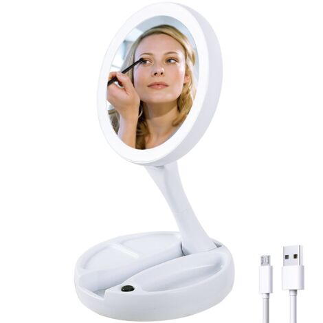 Miroir de maquillage pliable et lumineux, miroir double face grossissant 1X/10X, miroir de courtoisie LED de 15 cm (5,9 pouces) pour les voyages et la maison (blanc) (1/5)