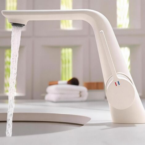 Robinet de Cuisine Minimaliste Blanc Mat - Mitigeur Évier Style Crème Col de Cygne Bionique - Cartouche Céramique Durable, Finition Galvanoplastie Haut de Gamme - Design Scandinave Épuré pour (1/4)