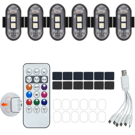 Lot de 6 lampes LED sans fil pour voiture : étanches, 8 couleurs, télécommande. Idéal pour moto, voiture RC, vélo, drone (1/5)
