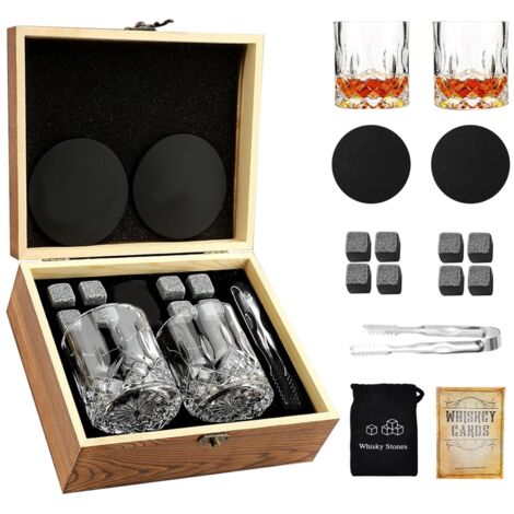 Pierres à Whisky Coffret Cadeau Verre à Whisky Pierres Froides à Whisky dans Une boîte Bois Faite à la Main Cool sans Dilution Lot de 2 Verres WhiskyCadeau pour Papa Mari Homme (Rectangulaire1)