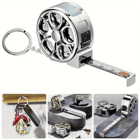 Mini mètre ruban rétractable à roulettes avec porte-clés et échelle en centimètres, outil de mesure en acier inoxydable, idéal pour les passionnés d'automobile. (Doré) (1/5)