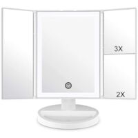 Miroir de Maquillage avec Éclairage LED et Écran Tactile, Grossissement 1X/2X/3X, Rotation Réglable à 180 °, Miroir de Comptoir à Piles et Alimenté par USB (Blanc)