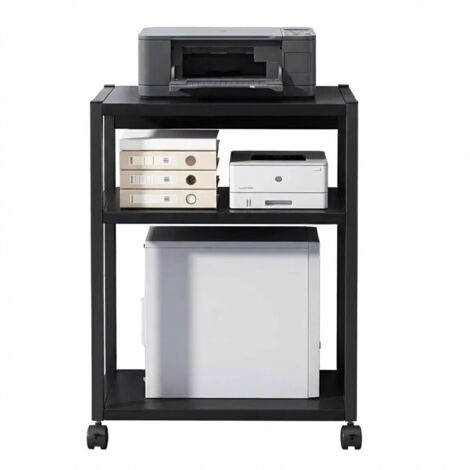 Support PC et imprimante à roulettes 360° - Chariot Mobile métal 3 Niveaux à Hauteur réglable - Rangement sous-Bureau pour Ordinateur, imprimante - Noir - 3 Couches 69x51x30CM