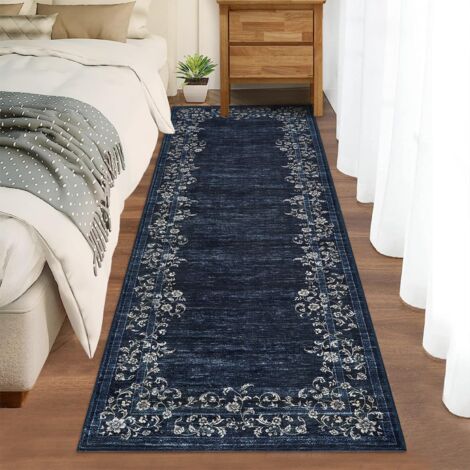 Tapis bleu marine polyester aspect peau d’agneau – Lavable, pliable, motif floral moderne, pour salon & jardin (1/5)