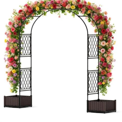 Arche de jardin 2 en 1 avec bac fleur – cadre métal pour plantes grimpantes – pergola décorative pour rosiers, mariage ou entrée