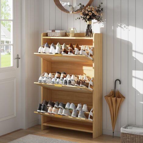 Meuble à Chaussures Gain De Place Avec 3 Portes à CharnièRes Et éTagèRes RéGlables, Meuble à Chaussures Moderne Pour EntréE En Bois De ChêNe Et Rotin Naturel.
