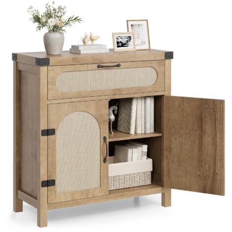 Buffet en rotin avec espace de rangement, meuble de rangement avec tiroir, bar à café bohème en bois pour salle à manger - couleur bois