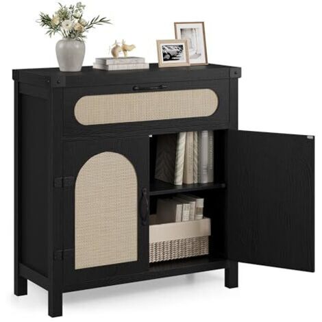 Buffet en rotin avec espace de rangement, meuble de rangement avec tiroir, bar à café bohème en bois pour salle à manger - noir