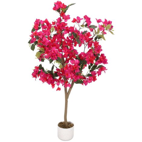Bougainvillier artificiel 120 cm avec tronc naturel – Fleurs roses tréflées, plante réaliste en pot – Pour jardin, balcon & intérieur
