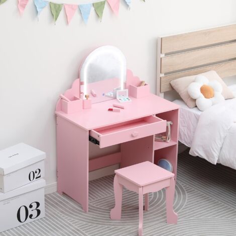 Meuble de toilette enfant GarveeHome 2 en 1 avec miroir éclairé, tabouret, tiroir et étagères, coiffeuse maquillage rose pour filles 3-9 ans (1/5)