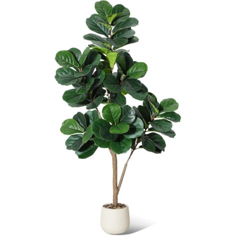 Grande Plante Artificielle Ficus Lyrata 150 cm - Pot Blanc, Gravier & Mousse Inclus - Décoration Intérieur Maison Chambre