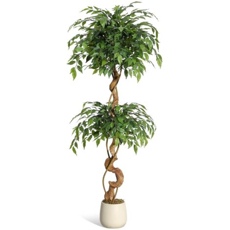 Ficus artificiel grand 150×cm tronc courbé plante interieur sans entretien pot en ciment solide decoration salon bureau verdure naturelle.