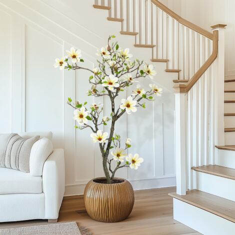 Plante Artificielle Magnolia Blanche 150 cm - Pot Blanc Inclus - Grand Arbre Artificiel pour Intérieur, Patio, Bureau, Maison - Décoration Florale