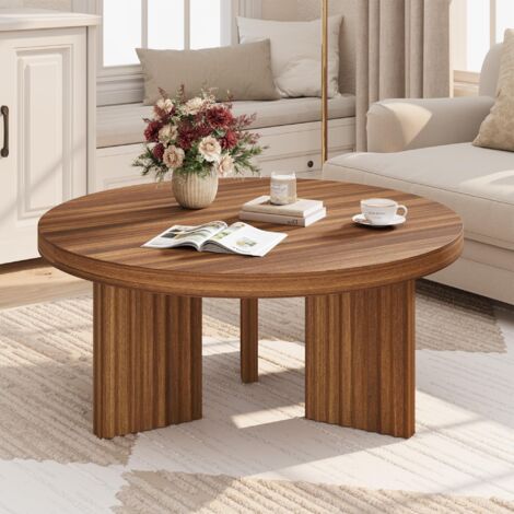 Table basse ronde en noyer 85 cm, style campagne vintage moderne, 3 pieds cannelés, résistante 200 kg, facile d'entretien salon