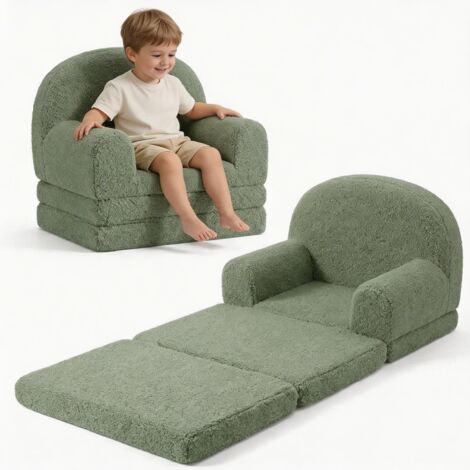 Fauteuil enfant 2 en 1 assise et allongé, pliable peluche teddy, housse amovible, couleur verte