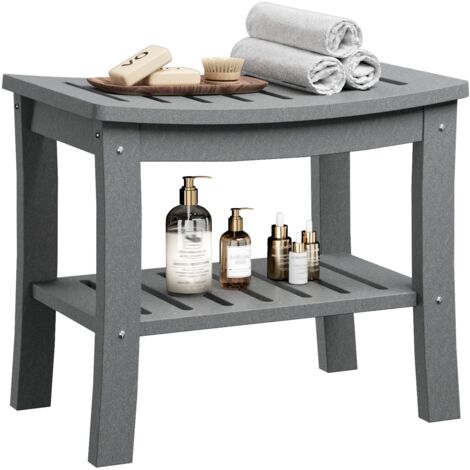 Banc de douche GarveeHome HDPE banquette salle de bain 2 étagère étanche charge 181 kg dimensions 52×35×45 cm gris