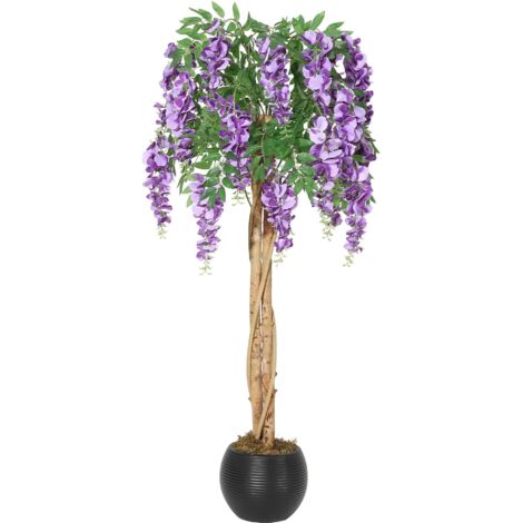 Glicine artificielle Garvée 180 cm avec double tronc × fleurs en soie blanc et violet Grande plante artificielle en pot pour salon bureau couloir