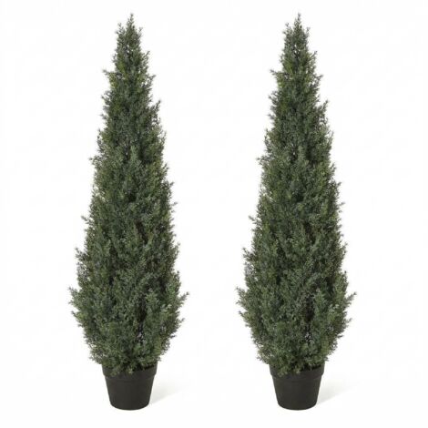 Cyprès artificiel 120cm réaliste toujours vert résistant UV intérieur extérieur sans entretien avec pot lot de 2 pour jardin terrasse
