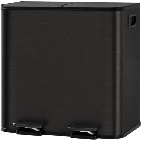 Poubelle de cuisine double compartiment 2x15L inox pédale couvercle souple anneaux amovibles anti traces noir gain de place 30L total