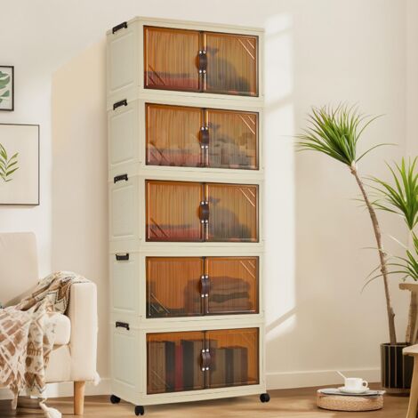 Armoire rangement 5 étages pliante box empilables roues doubles portes plastique 62 cm largeur vêtements jouets fermeture magnétique blanc transparent