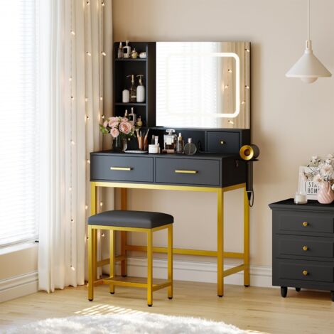 Table de maquillage avec miroir LED et tabouret 3 modes d'éclairage 4 tiroirs prise intégrée et étagères ensemble blanc et or pour chambre (1/5)