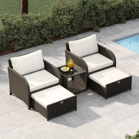 Ensemble jardin 5 pièces rotin PE chaises repose-pieds table verre trempé coussins rembourrés solides patio balcon beige (1/5)