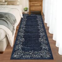 Tapis bleu marine polyester aspect peau d’agneau – Lavable, pliable, motif floral moderne, pour salon & jardin