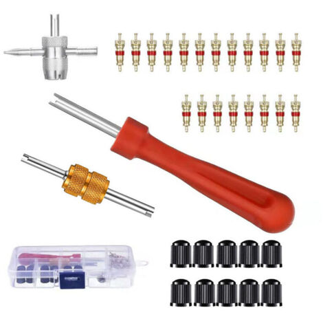 VURAHOME - Demonte Obus Valve Kit D'outils Réparation Démonte Obus de Valve Double et à Une Tête + 1 Outil de Valve 4 Voies + 10 Bouchon Valve Pneu Voiture + 20 Noyaux Valve pour Remplacement Velo Mot (1/5)