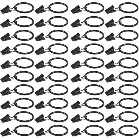 VURAHOME - Lot de 40 Anneaux à Pince pour Tringle à Rideau, Clips avec Anneau en Métal pour Rideaux de Fenêtre et de Douche (Noir),
