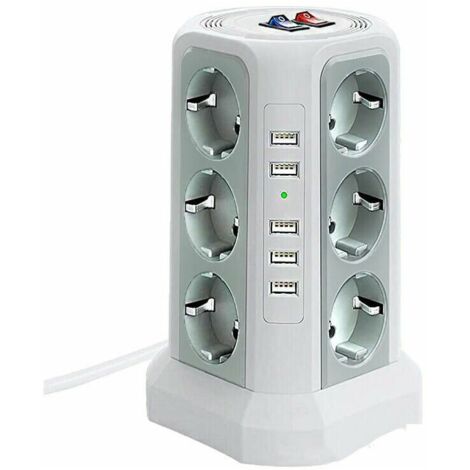 VURAHOME - Tour multiprise parafoudre et surtension, Multiprise Electrique avec 5 Ports USB et 12 Prises, multiprise avec et 3 Interrupteurs, Blanc (1/4)
