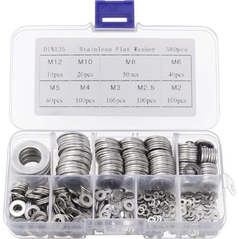 VURAHOME - Rondelles en acier inoxydable avec boîte (580 rondelles plates) - 9 tailles de M2, M2.5, M3, M4, M5, M6, M8, M10 et M12 - Rondelles de levage de porte rondes pour réparations, usine, décora (1/5)