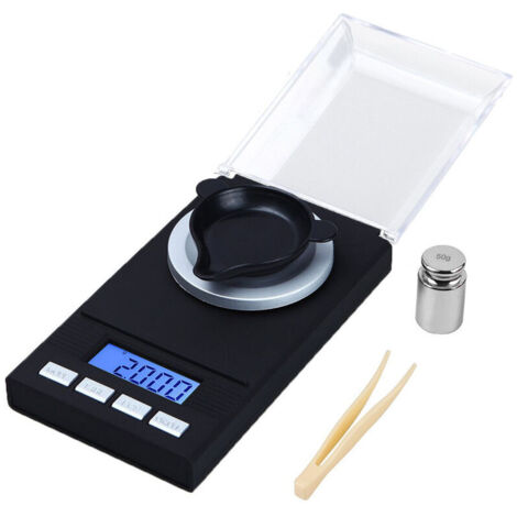 VURAHOME - Balance de Precision Milligrammes 20 x 0.001g Mini Balance de Bijoux Professionnelle, Balance de Cuisine avec étui, Pince à épiler, Plateau de Pesée, Format de Poche, Batterie Incluse