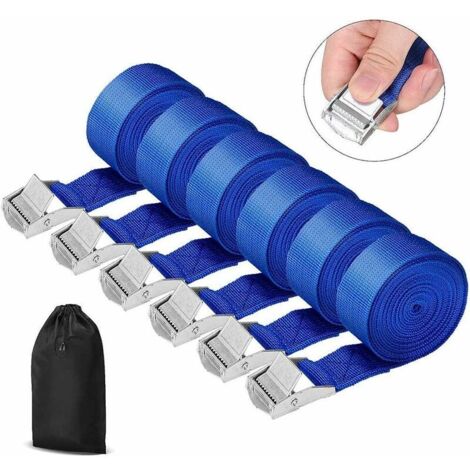 VURAHOME - Sangles d'arrimage, lot de 6, 2,5 cm x 2,5 m, avec sangle de fixation à boucle de serrage, sangle d'arrimage pour porte-vélos moto, sangle d'arrimage extrêmement robuste, bleue, charge jusq