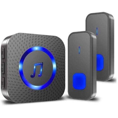 VURAHOME - Sonnette sans Fil Carillon de Porte Exterieur IP55 Étanche à 400M Deux Bouton Emetteurs avec Un Récepteur Enfichable, Indicateur LED Bleu, 5 Niveaux Volumes et 55 Mélodies, Noir