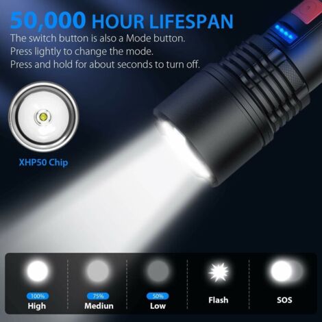 Lampe Torche LED Ultra Puissante 30W – Rechargeable, Zoom, Tactique