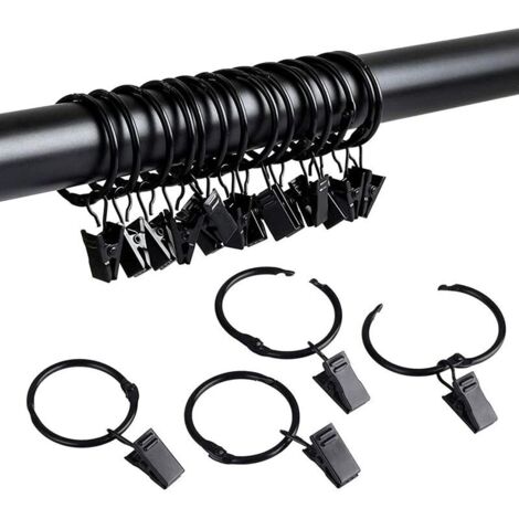 VURAHOME - 40 pièces Anneaux de Rideaux avec Pinces, Anneaux Rideaux en Métal pour Rideaux Anneaux à Pinces pour Rideau Clips Crochets (Noir 25mm) (1/4)