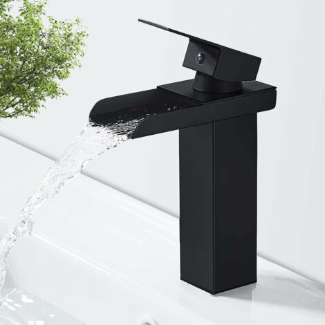 VURAHOME - Robinet Salle Bain Cascade Noir Mat, Mitigeur Lavabo Robinet Lavabo en Laiton avec Eau Froide & Chaude Disponible, Valve en Céramique, Robinet Salle de Bain Design Cascade Concave, G 3/8 (1/5)