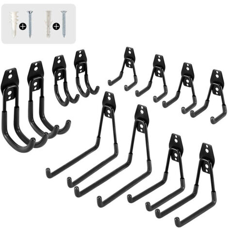 VURAHOME - Lot de 12 crochets doubles de rangement pour garage, crochets muraux, crochets pour appareils électroménagers, multi-taille, porte-outils en fer robuste, support mural pour vélo, échelle de (1/5)