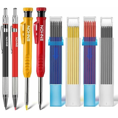 VURAHOME - Set de crayons de charpentier Marqueurs de trous profonds avec 40 mines de crayon, 4 Porte-mines avec taille-crayon intégré, crayons de charpentier Outils de marquage pour le chantier (1/5)