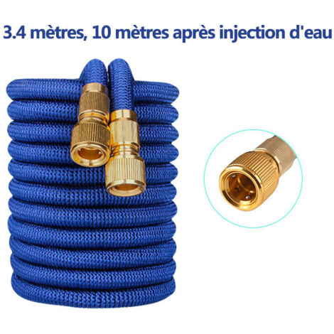 VURAHOME - Tuyau D'Arrosage Extensible Jardin Tuyau D'Eau De Lavage De Voiture En Tpe Telescopique 3 Fois Plaque Cuivre 33Ft Bleu (1/5)