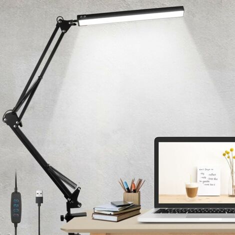 VURAHOME - Lampe de bureau LED, lampe de bureau 10W pince lampe d'architecte bras pivotant lampe de travail lampe à pince dimmable 3 couleurs 10 luminosité lampe de table de protection des yeux USB po