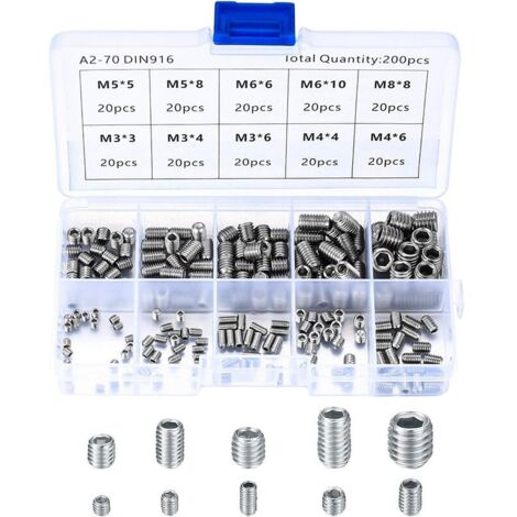 VURAHOME - 200 Pièces Vis Sans Tête en Acier Inox, M3 M4 M5 M6 M8 Vis à Métaux, Assortiment Kit de Fixations Vis Pointeau (1/5)