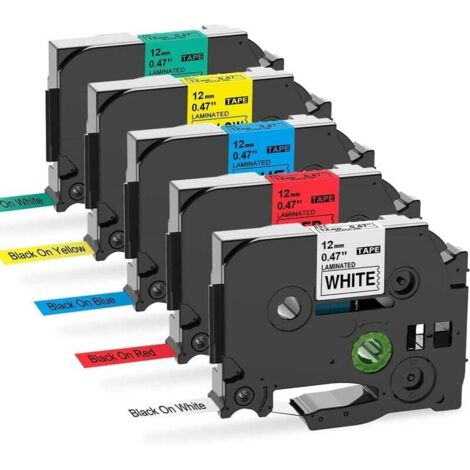 VURAHOME - Ruban compatible pour Brother P-touch TZe TZ 12mm Laminé Cassettes pour Etiqueteuse Brother ptouch PT-H100LB PT-E100 D400 1250 H110 1000, Noir sur Blanc/Rouge/Bleu/Jaune/Vert