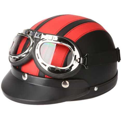 Casque Moto + Lunettes Transparentes + Visiere, 54-60Cm, Rouge