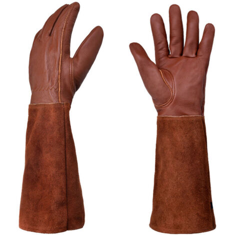 Gants de jardinage en cuir respirant pour hommes et femmes avec gants résistants aux épines, en cuir de vachette à manches longues, convenant aux jardiniers et aux agriculteurs (M, marron) (1/3)