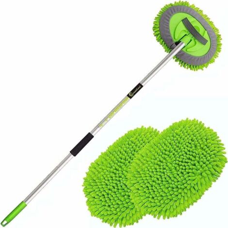 VURAHOME - Brosse de lavage de voiture à long manche, brosse de vadrouille en microfibre chenille 2 en 1 pour véhicules, voitures, camions, remorques, caravanes, anti-rayures (2 têtes de vadrouille)