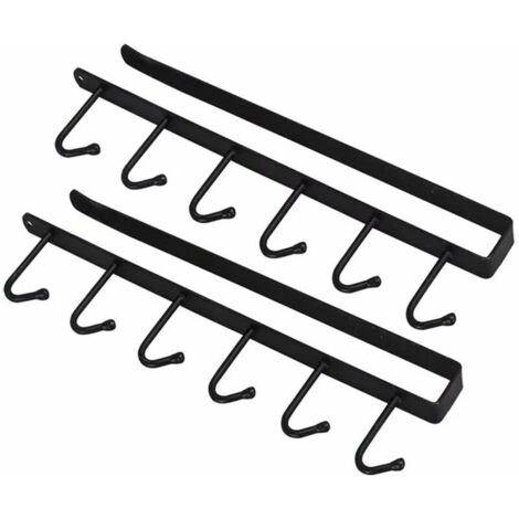 Lot de 2 crochets de rangement pour tasses, tasses, verres, ustensiles de cuisine, ceintures et écharpes, porte-manteau suspendu sous le cintre de l'armoire, sans perçage (noir), (1/5)