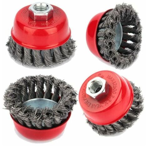 Brosse de nettoyage métallique, 4pcs brosse à treillis métallique M14 torsadé 75 mm pour meuleuse d'angle brosse coupe, dérouillage corrosion détournant la peinture (1/4)